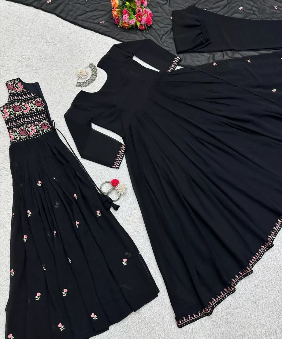 Faux Georgette Bollywood Full Stitched Kurti Shrug & Pant Dupatta