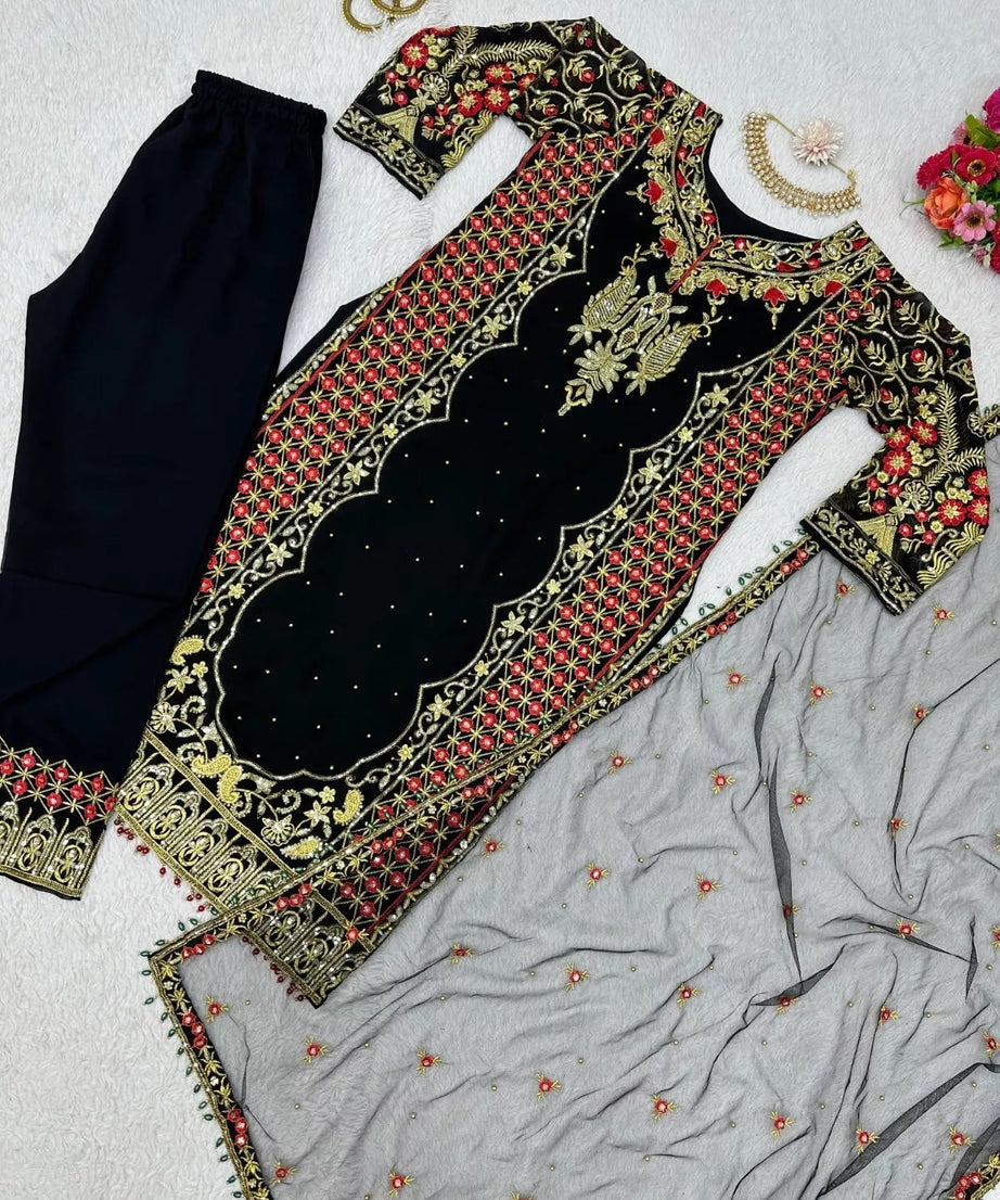 Faux Georgette Indian Ethnic Top Pant & Dupatta Set