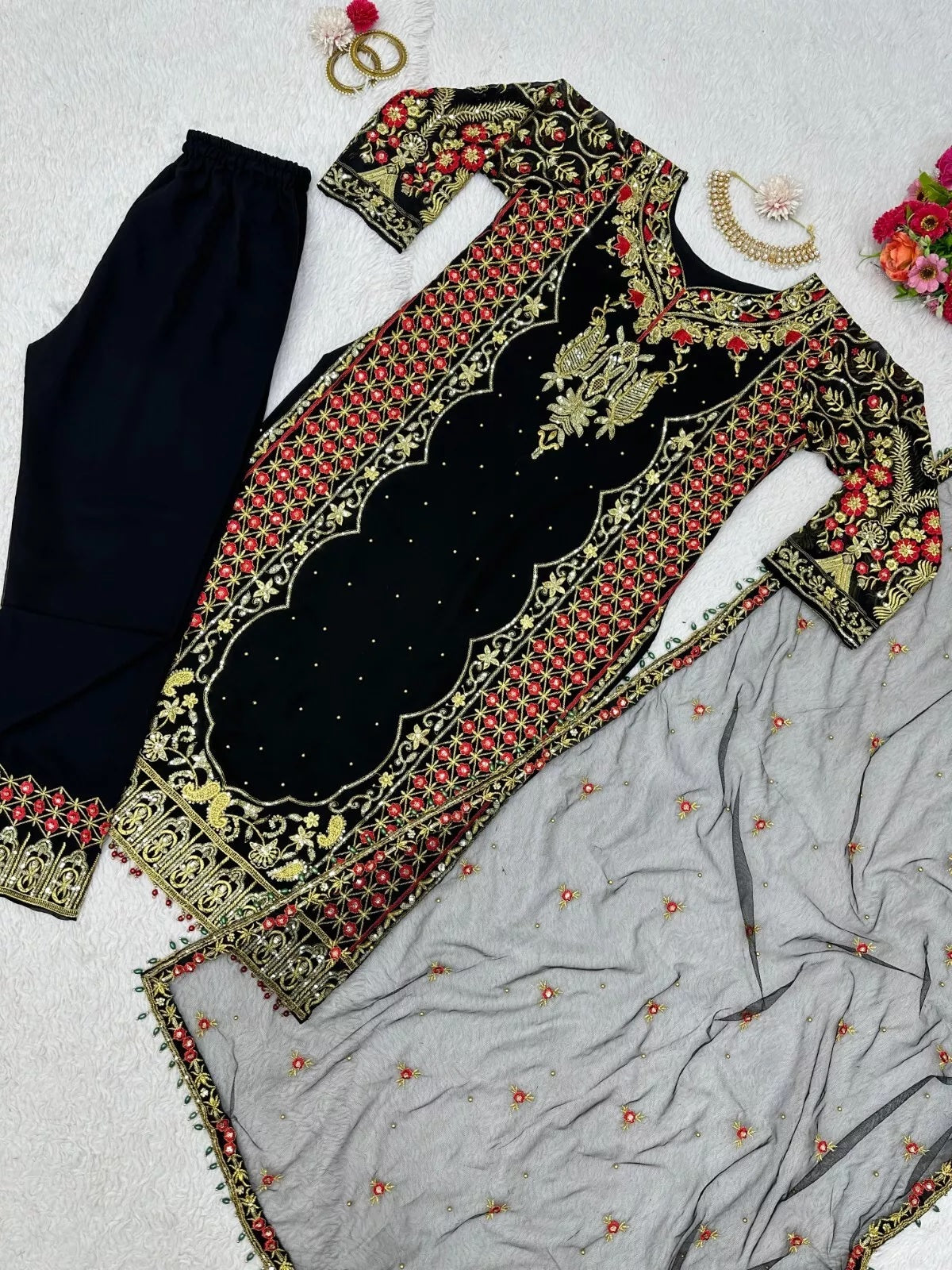 Faux Georgette Indian Ethnic Top Pant & Dupatta Set