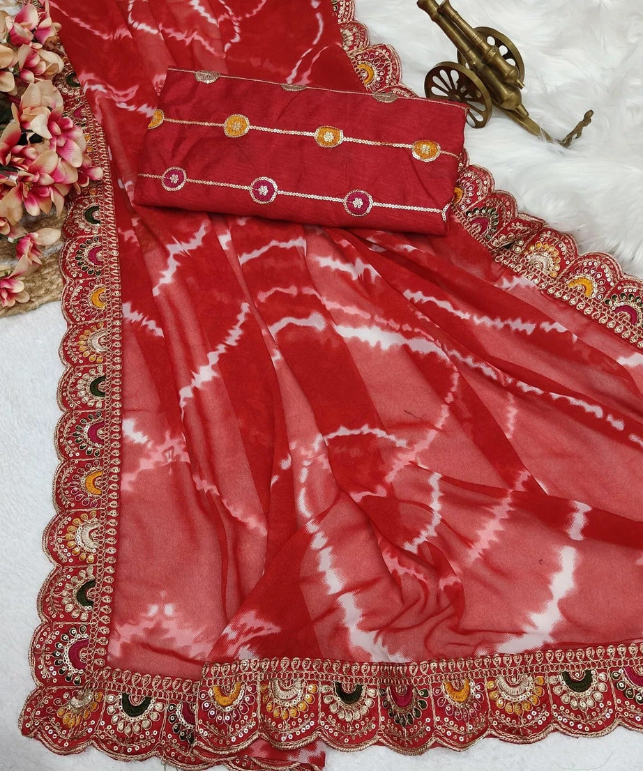 Soft Georgette Sari With Bhandhej Print And Designer Sari & Blouse