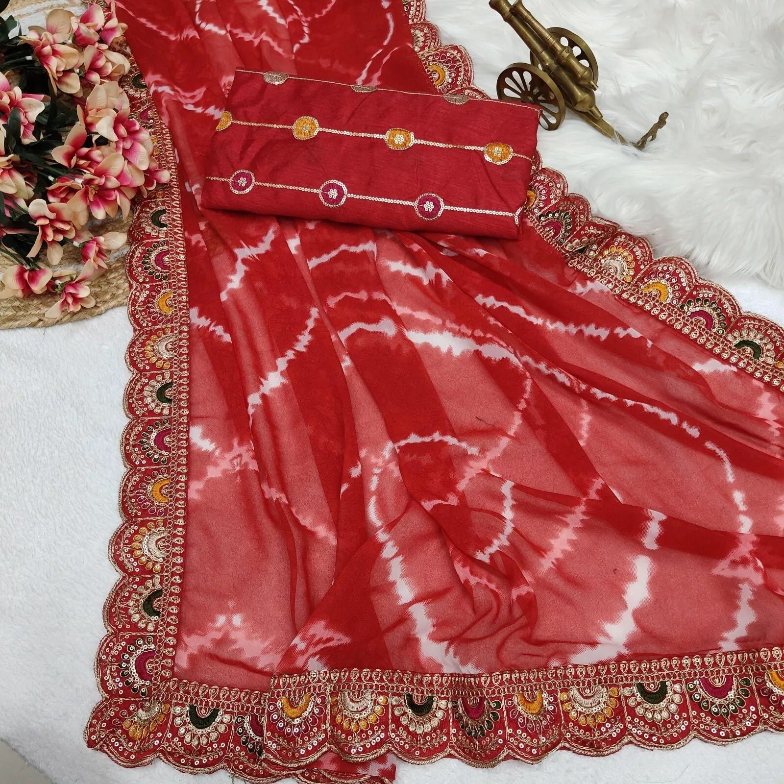 Soft Georgette Sari With Bhandhej Print And Designer Sari & Blouse