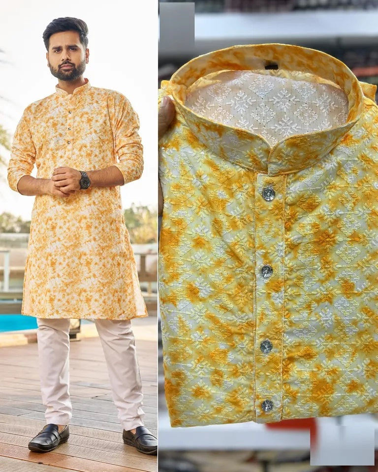 Men's FullStitched Heavy Rayon Schiffli Work Bollywood Kurta Pajama