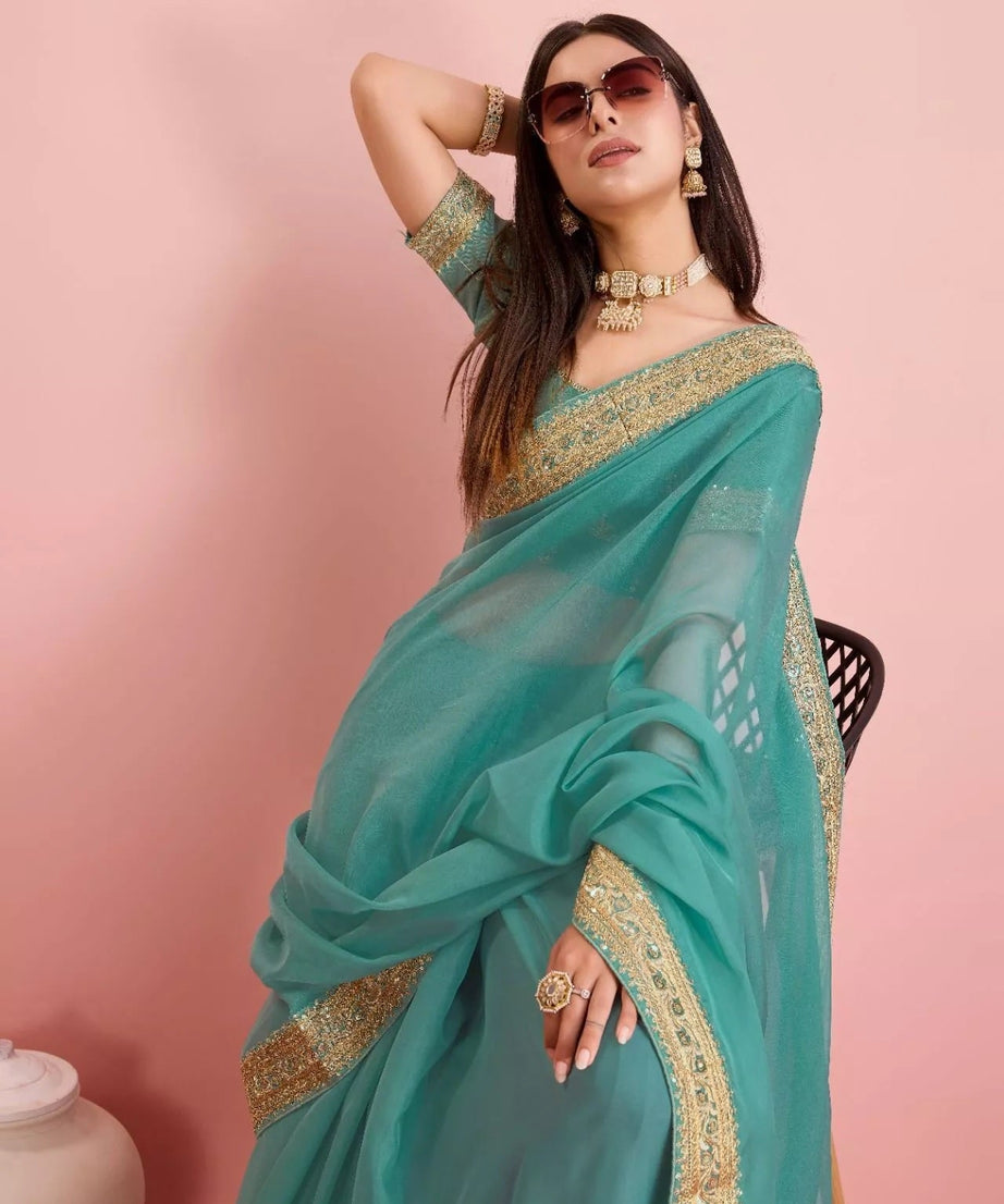 Tabby Silk Organza With Embroidery Lace Work Sari &  Blouse