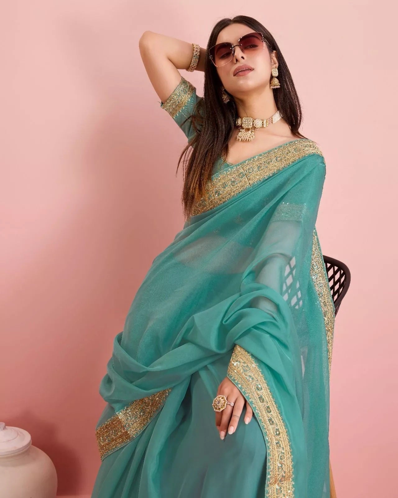 Tabby Silk Organza With Embroidery Lace Work Sari &  Blouse