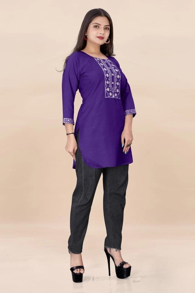 Stylish Rayon Kurti, With Embroidery Sequens Work Short Top Kurti