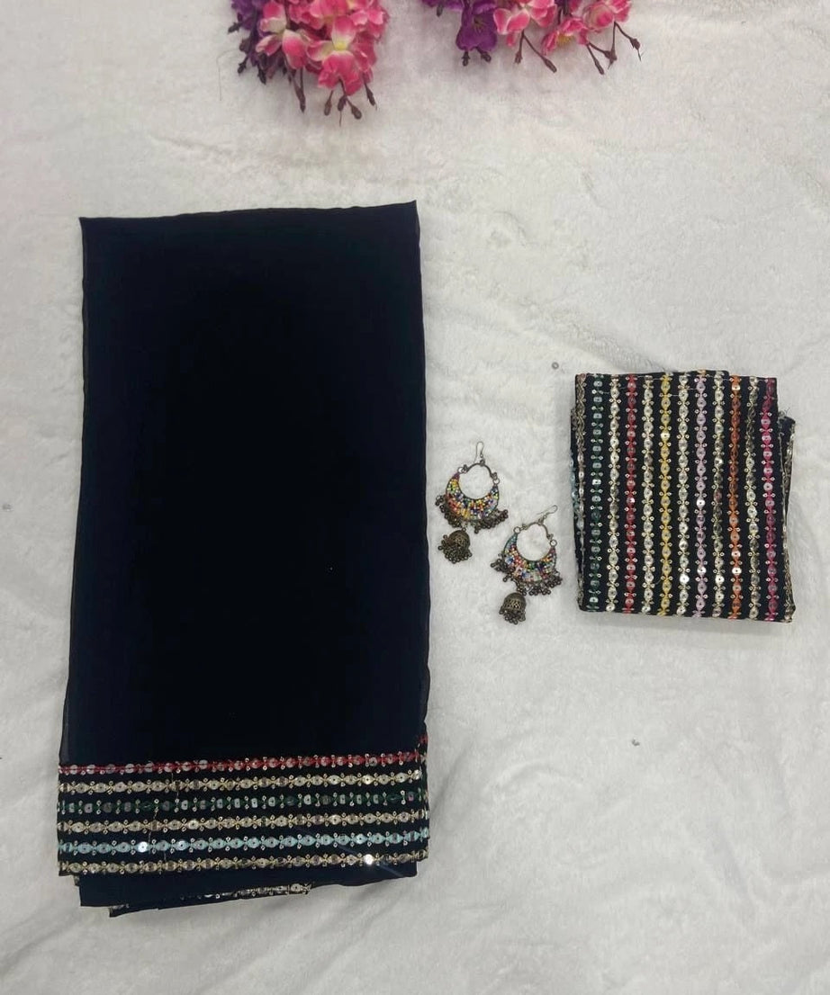Beautifull Smooth Georgette Black Saree With Blouse For Women's