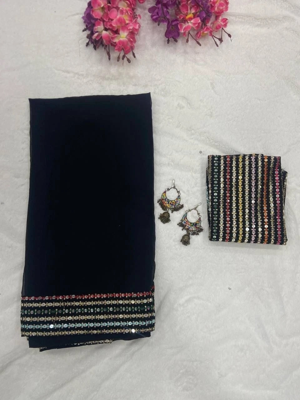 Beautifull Smooth Georgette Black Saree With Blouse For Women's