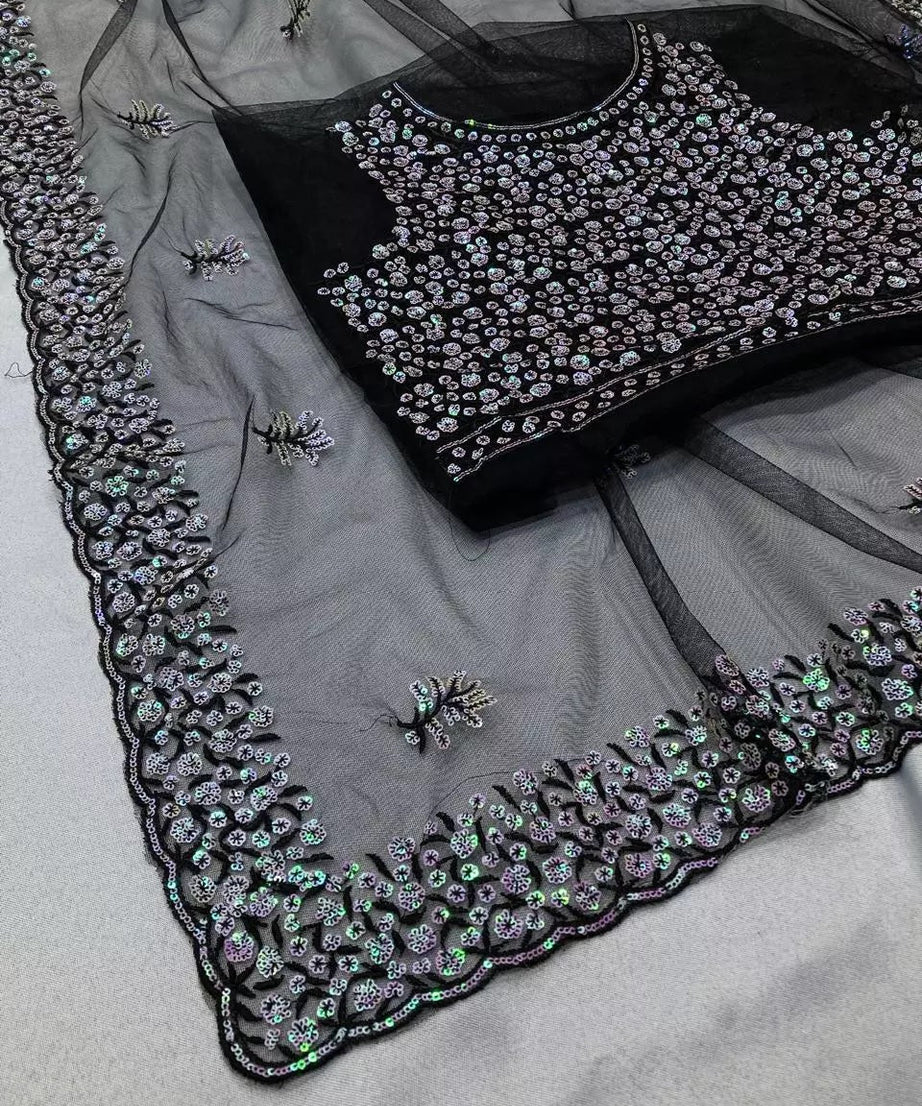 Soft Net  3MM Sequence Embroidery Work Saree & Blouse