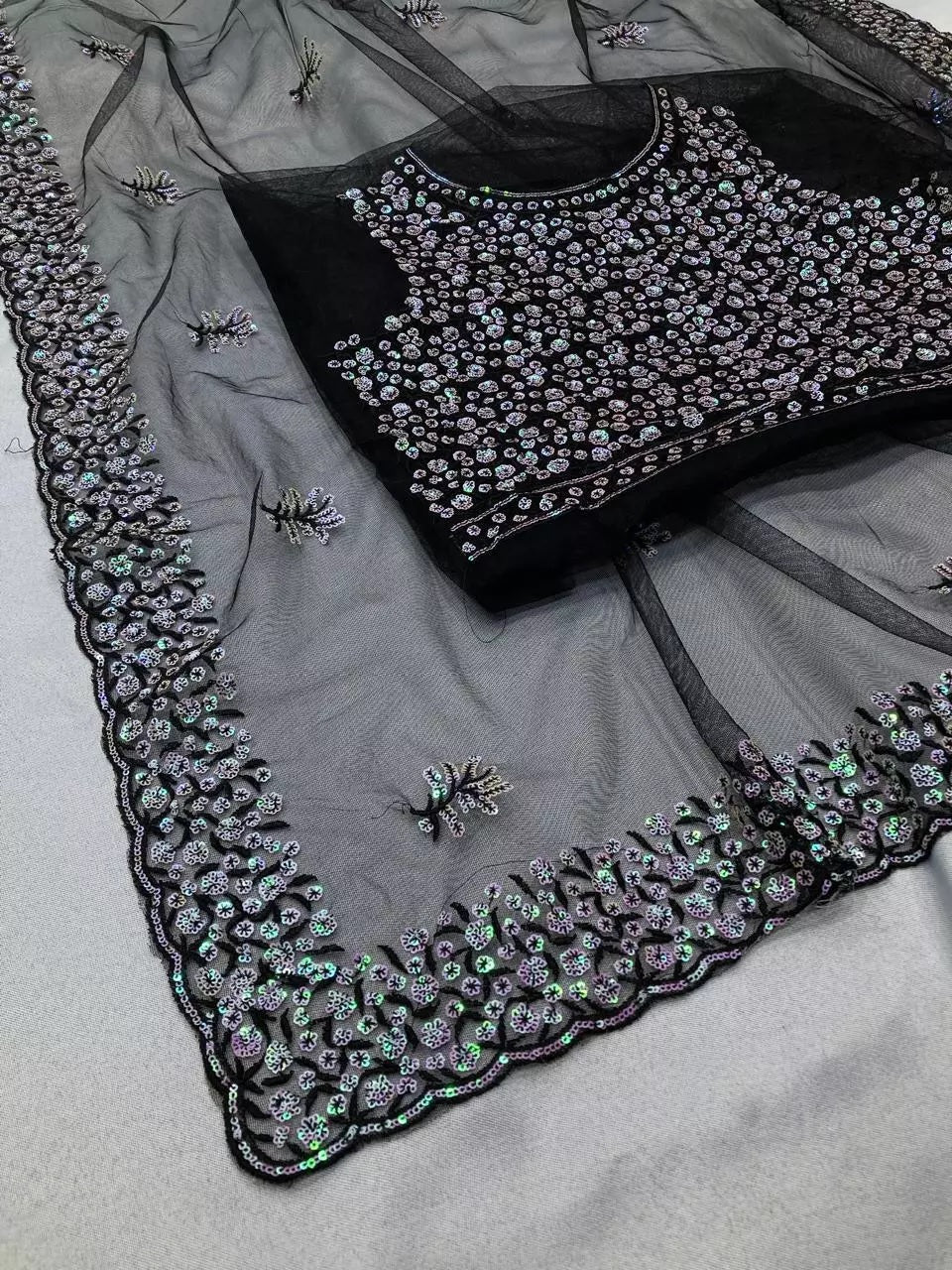 Soft Net  3MM Sequence Embroidery Work Saree & Blouse