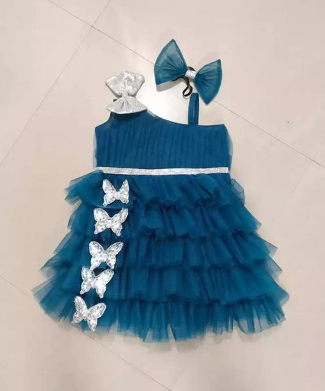 Lovely Sequins Bow and Diamond Belt Net Frock for Baby Girls