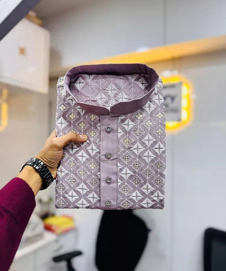 Soft Silk With White Embroidery Thread Work Kurta Pajama Set For Men's