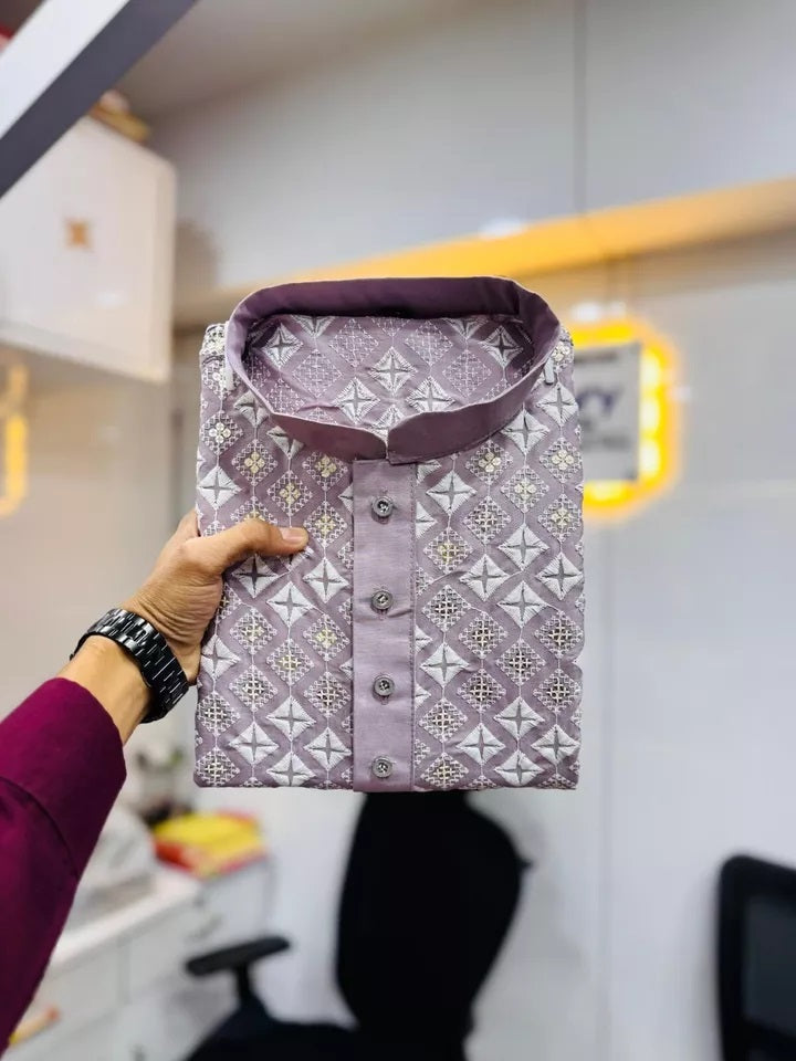 Soft Silk With White Embroidery Thread Work Kurta Pajama Set For Men's