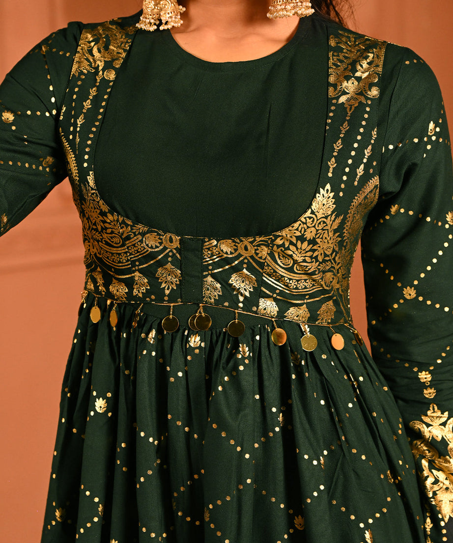 Luxury Emerald Green Gold Embroidered Anarkali Dress For Women(3XL)