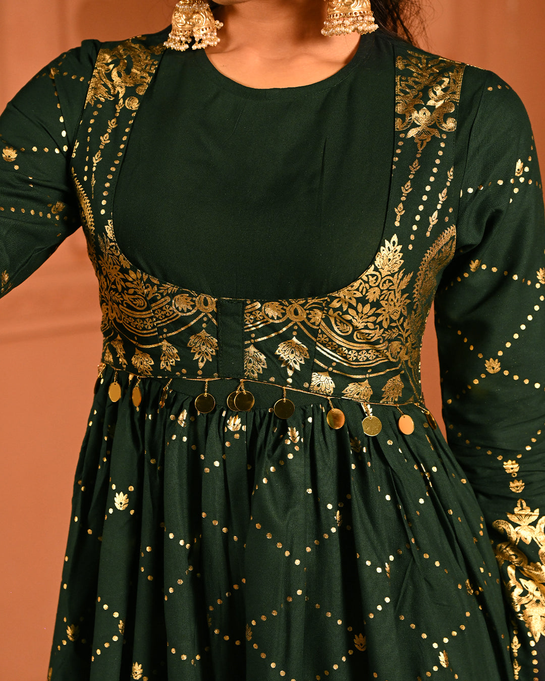 Luxury Emerald Green Gold Embroidered Anarkali Dress For Women(3XL)