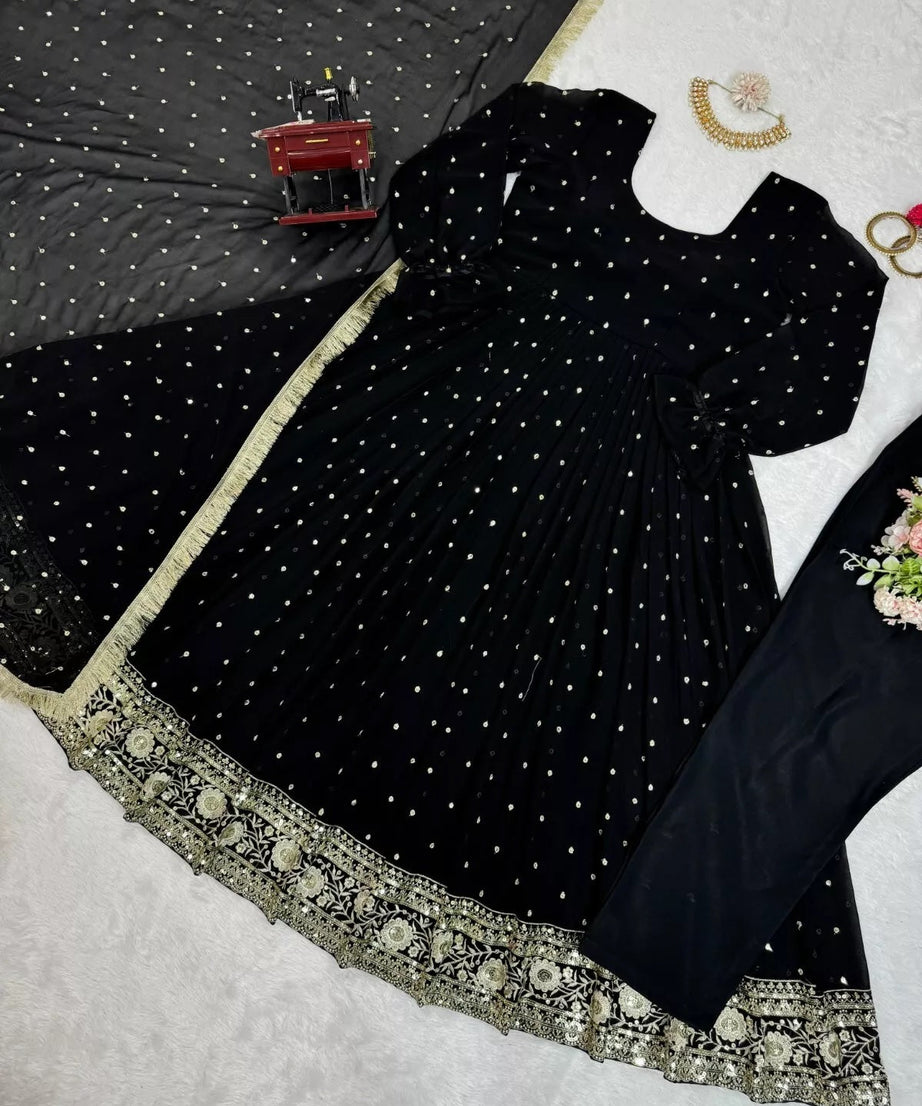 Faux Georgette With Thread Sequence Work Top Pant Dupatta