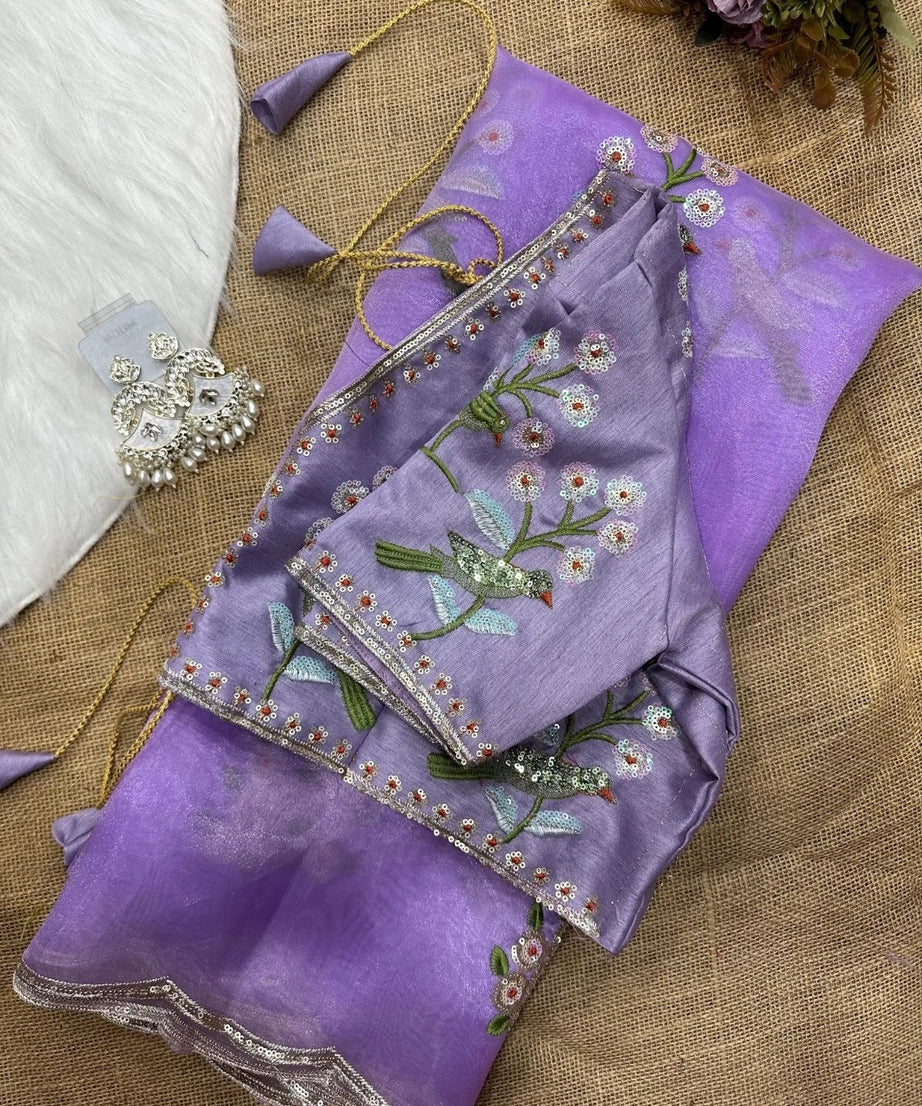 Soft Organza Saree With Embroidery Sequence Work Sari With Blouse