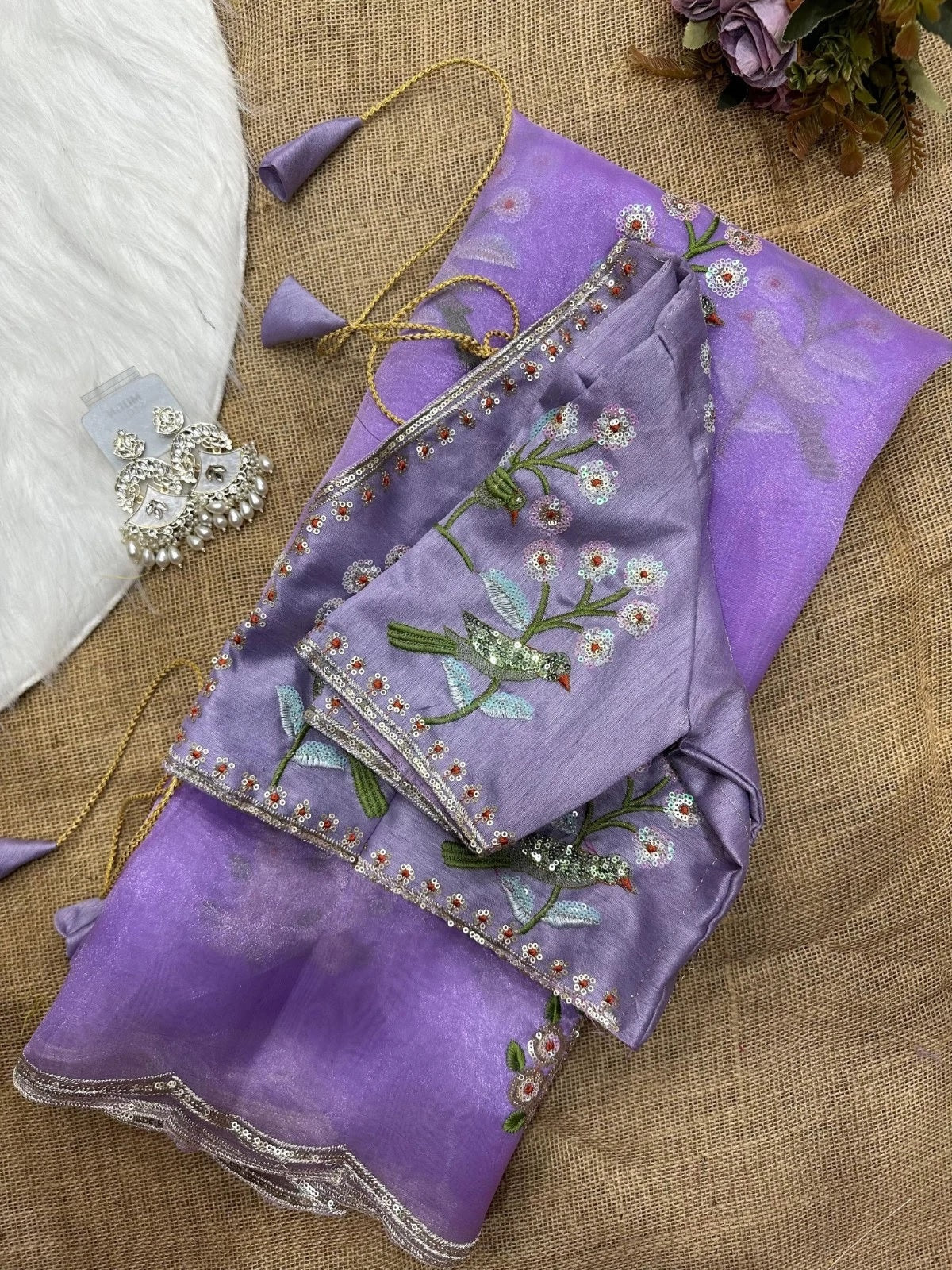 Soft Organza Saree With Embroidery Sequence Work Sari With Blouse