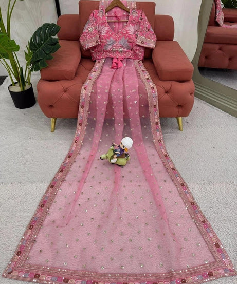 Pink Heavy Soft Tissue Organza Silk Saree, Wedding Wear Sari With Blouse