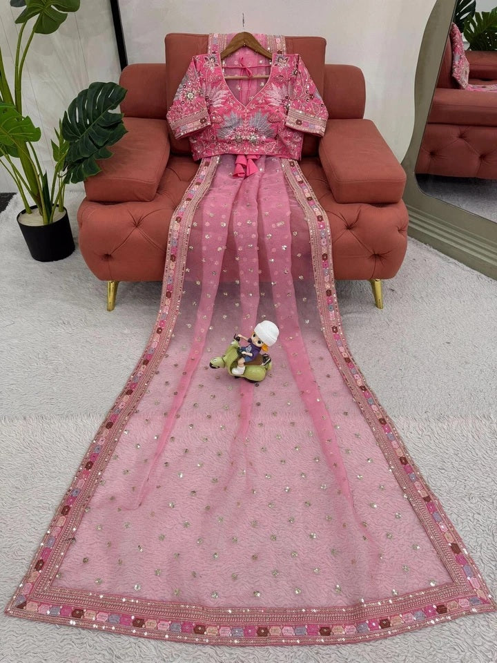Pink Heavy Soft Tissue Organza Silk Saree, Wedding Wear Sari With Blouse