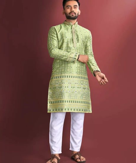 Stitched Heavy Jacquard Silk Indian Traditional Look Kurta Pajama For Men's