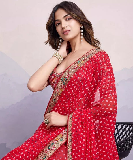 Georgette With Digital Print &Embroidery Work Sari With Blouse