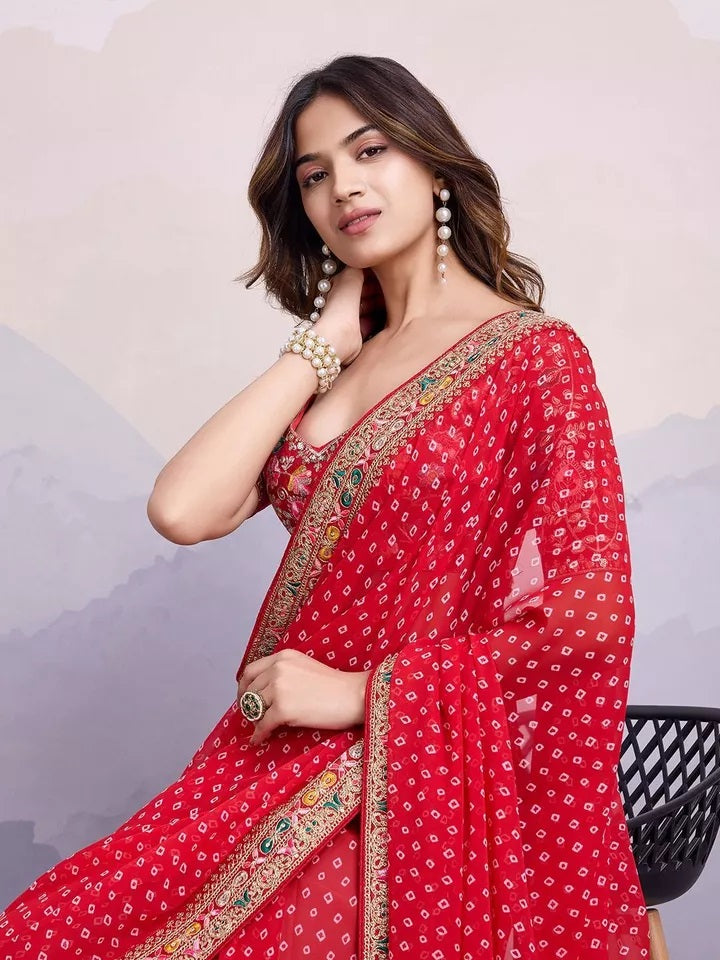 Georgette With Digital Print &Embroidery Work Sari With Blouse