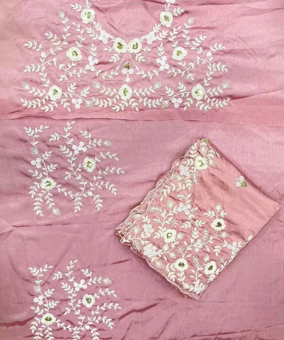 Pink Pure Chinon Silk With Embroidery Work Sari & Blouse