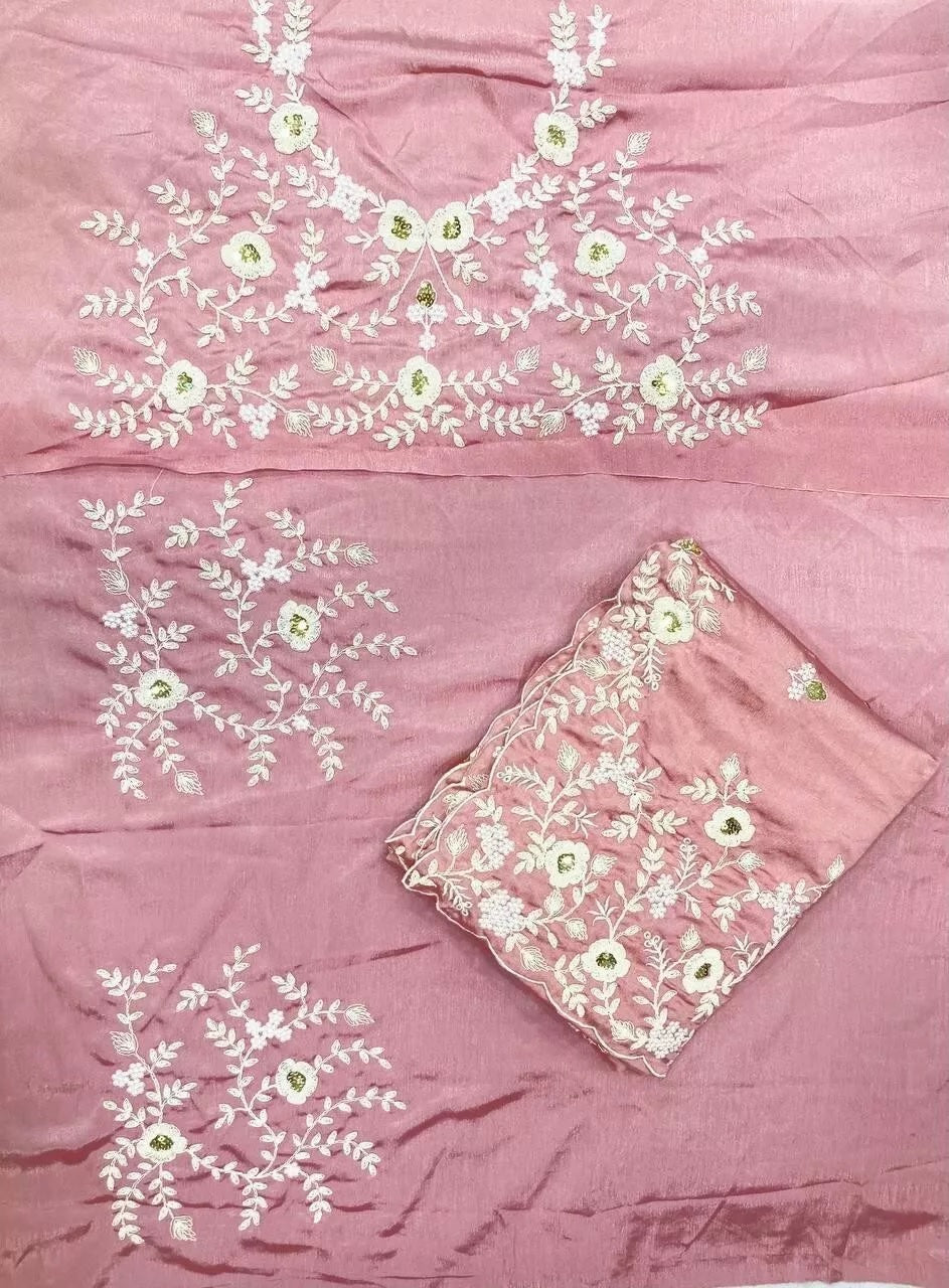 Pink Pure Chinon Silk With Embroidery Work Sari & Blouse