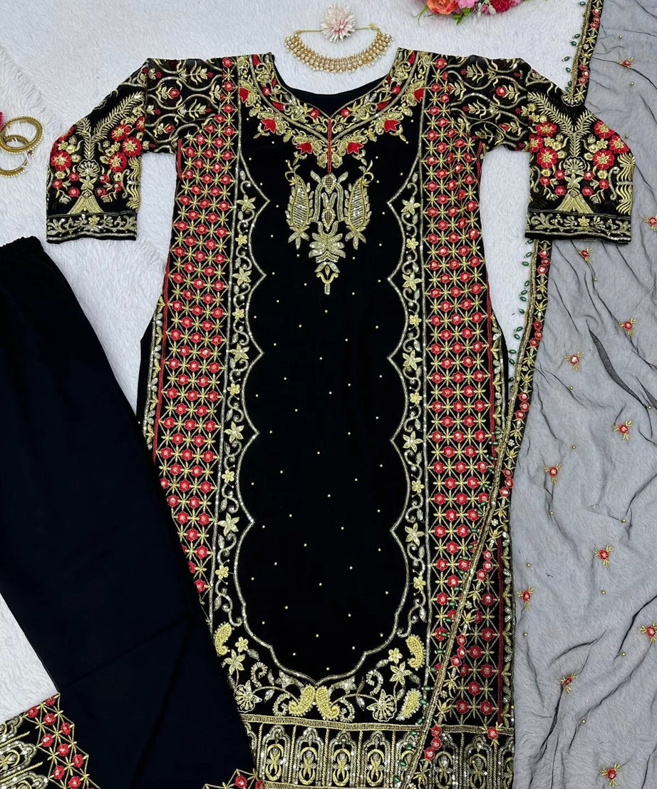 Faux Georgette Indian Ethnic Top Pant & Dupatta Set