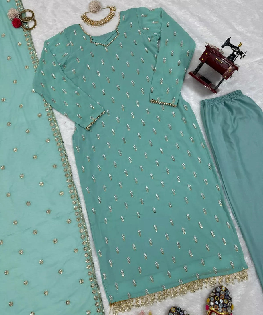 Traditional Fancy Wear Faux Georgette Top Pant With Dupatta