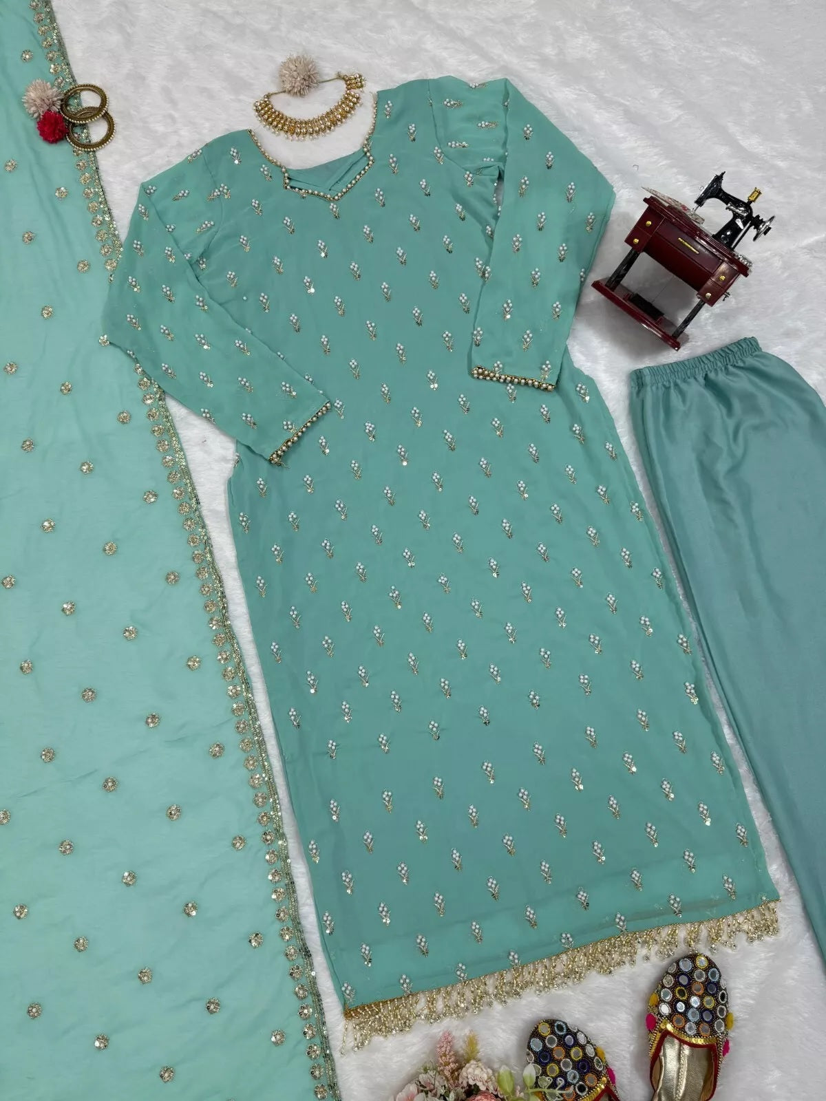 Traditional Fancy Wear Faux Georgette Top Pant With Dupatta