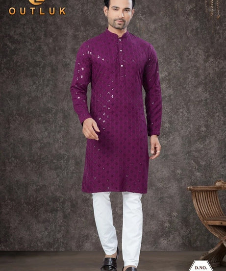 Traditional Wear Rayon Sifly Lakhnawi Kurta Pajama Set For Men's