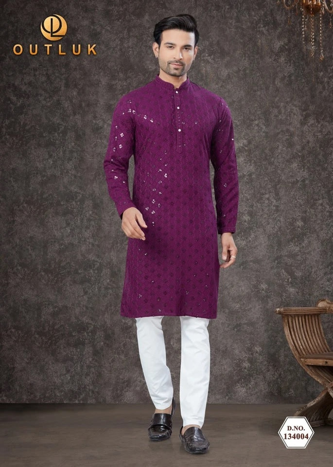 Traditional Wear Rayon Sifly Lakhnawi Kurta Pajama Set For Men's