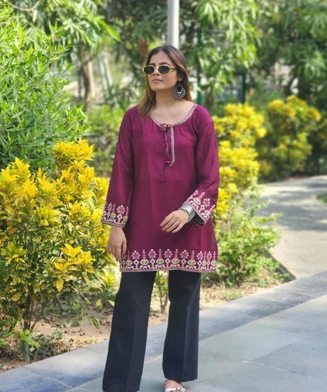 Short Stylish Heavy Rayon With Embroidery Work Printed Kurti