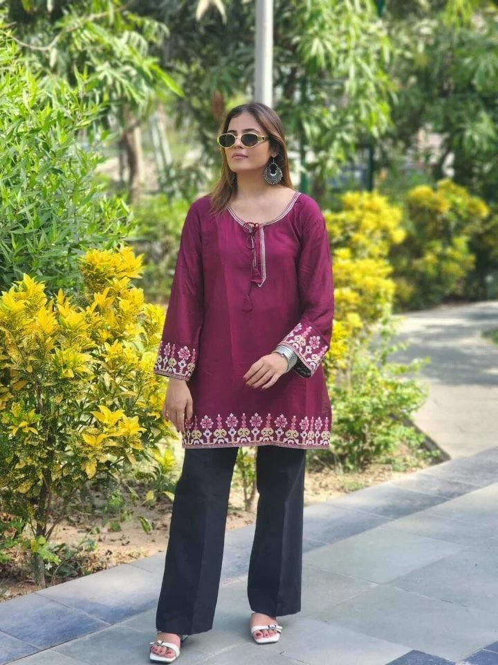 Short Stylish Heavy Rayon With Embroidery Work Printed Kurti