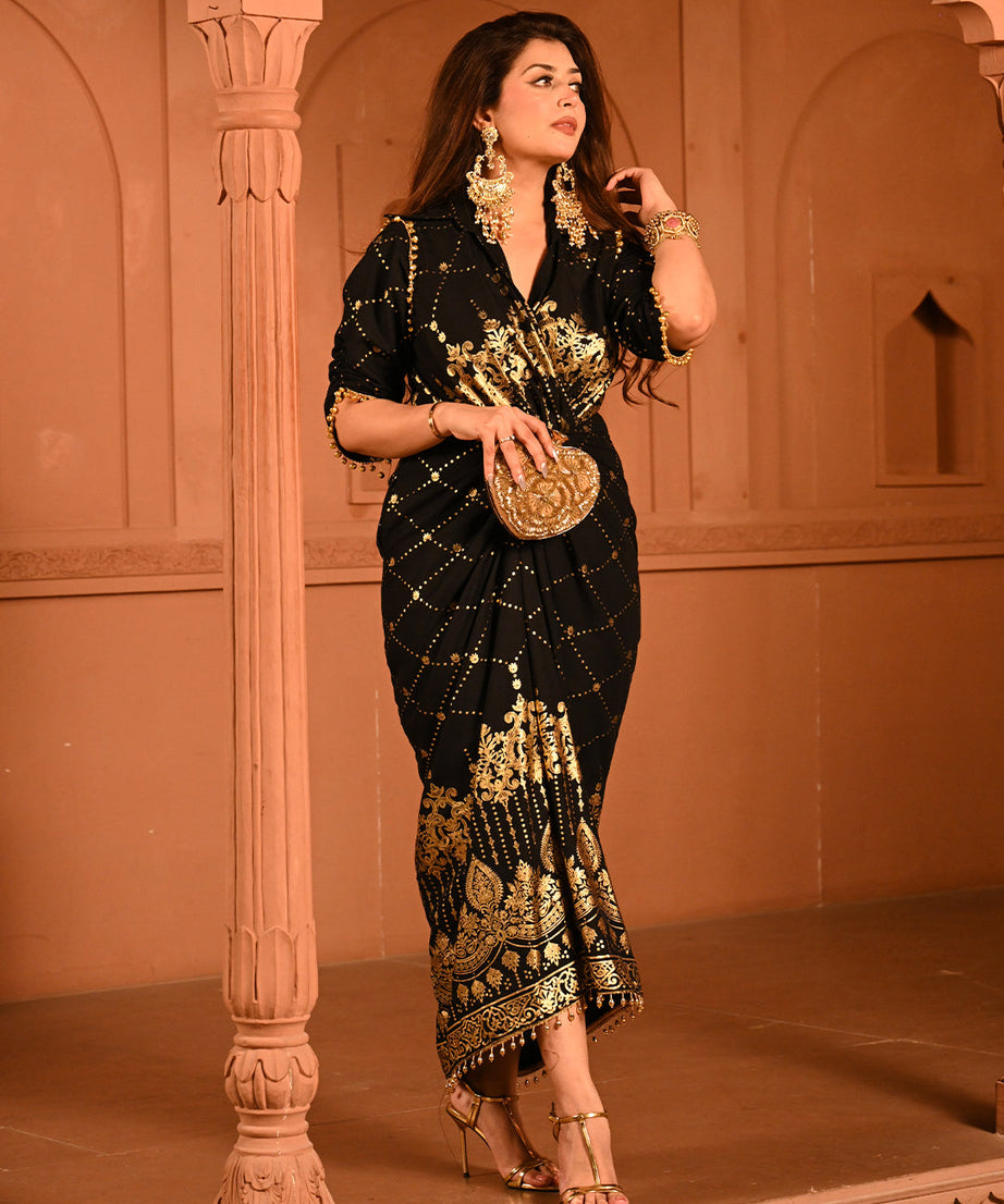 Elegant Designer Party Outfit with Gold Embroidery Kaftan Dress For Women