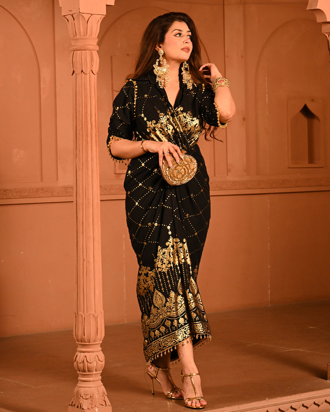 Elegant Designer Party Outfit with Gold Embroidery Kaftan Dress For Women