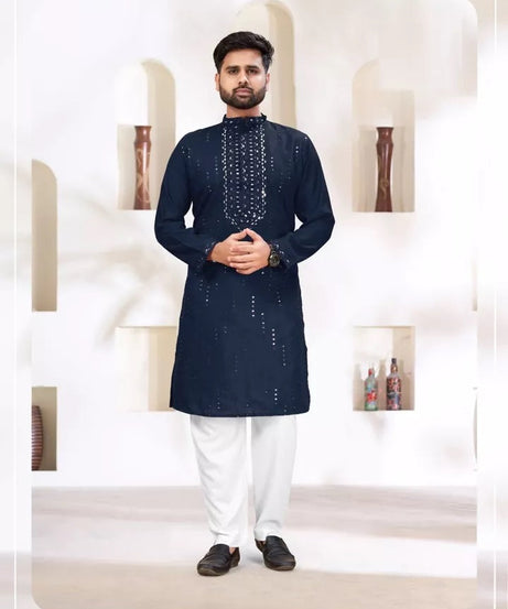 Classic Beautiful Exclusive Stitched 14 Kg Roman Silk Kurta Pajama For Mens