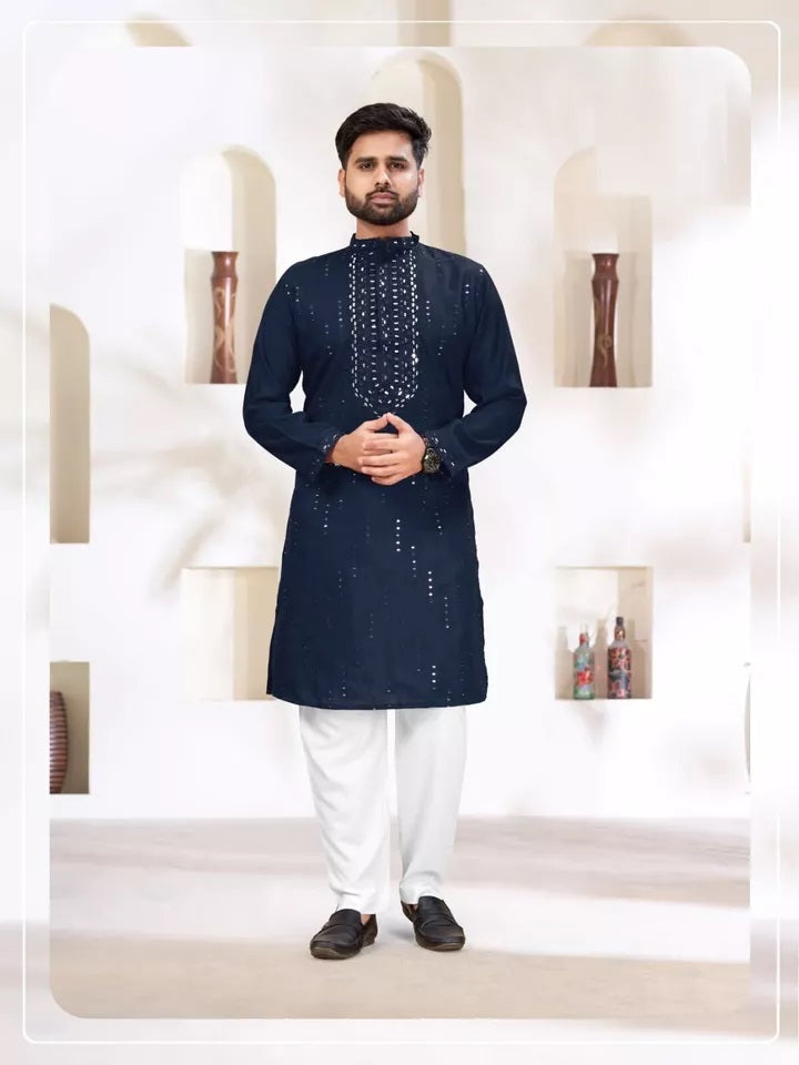Classic Beautiful Exclusive Stitched 14 Kg Roman Silk Kurta Pajama For Mens