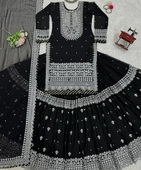 Bollywood Style Faux Georgette Top Sharara With Dupatta