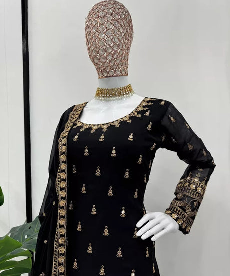 Faux Georgette With Thread & 9MM Sequence Work Top Palazzo & Duppata