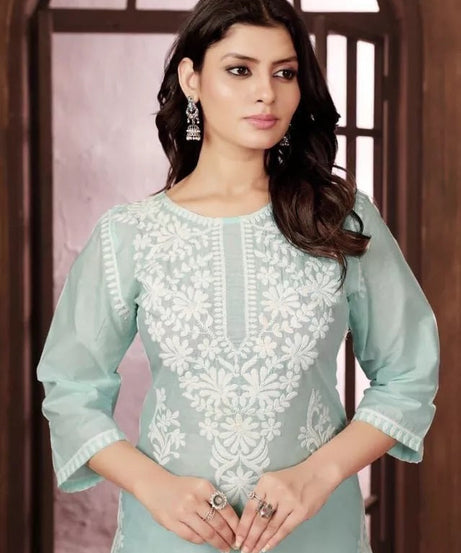 Heavy Cotton With Chikankari Embroidery Work Kurti Pant