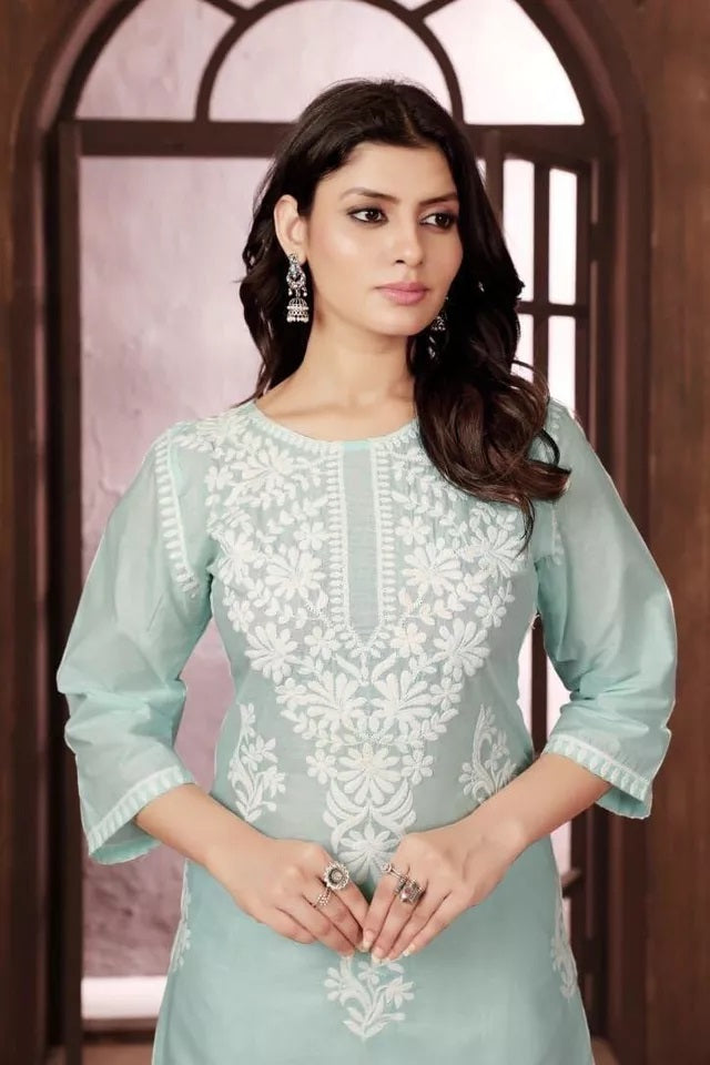 Heavy Cotton With Chikankari Embroidery Work Kurti Pant