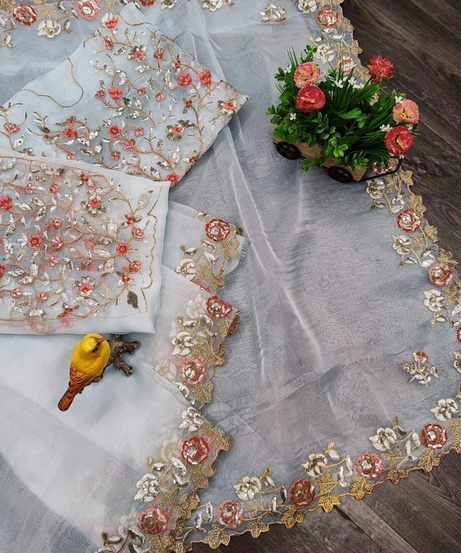 Organza Silk,Sequince & Zari Thread Designer Party Wear Saree & Blouse 11-RV