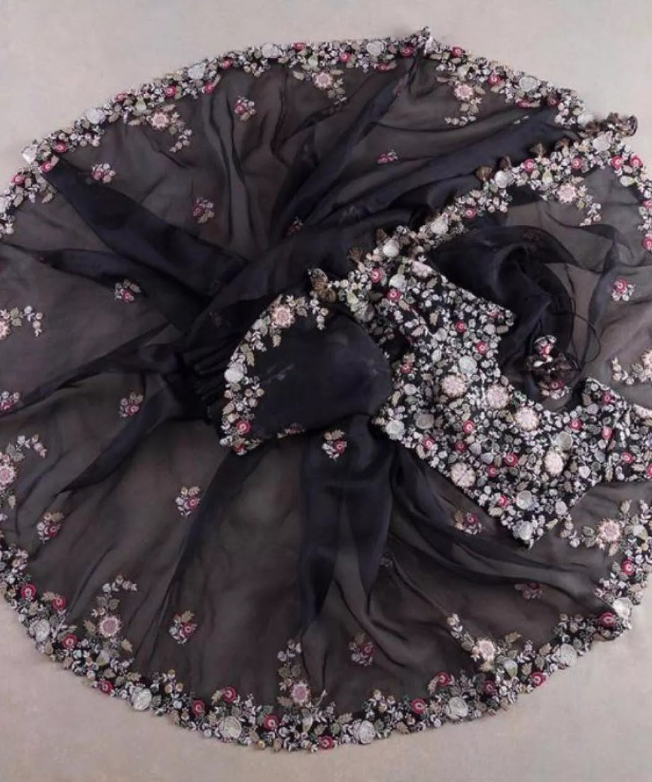 Georgette Embroidery Work Saree With Blouse,Party Wear Designer Saree