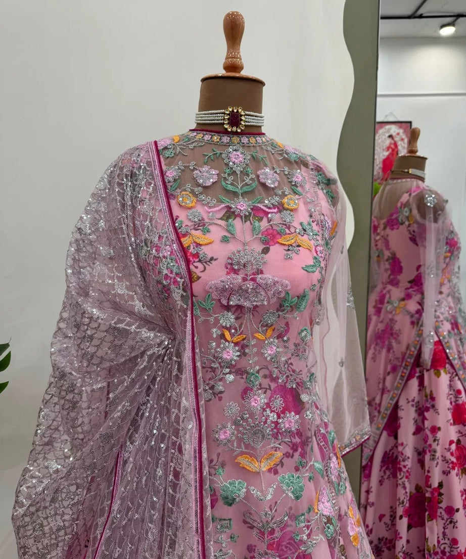 Butterfly Net With Thread & Sequence Work Bollywood Style Top Lehenga & Dupatta