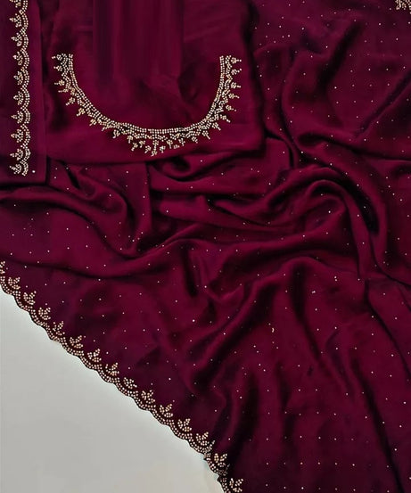 Traditional Wedding Pure Soft Satin Chiffon Saree,Stylish Sari And Blouse