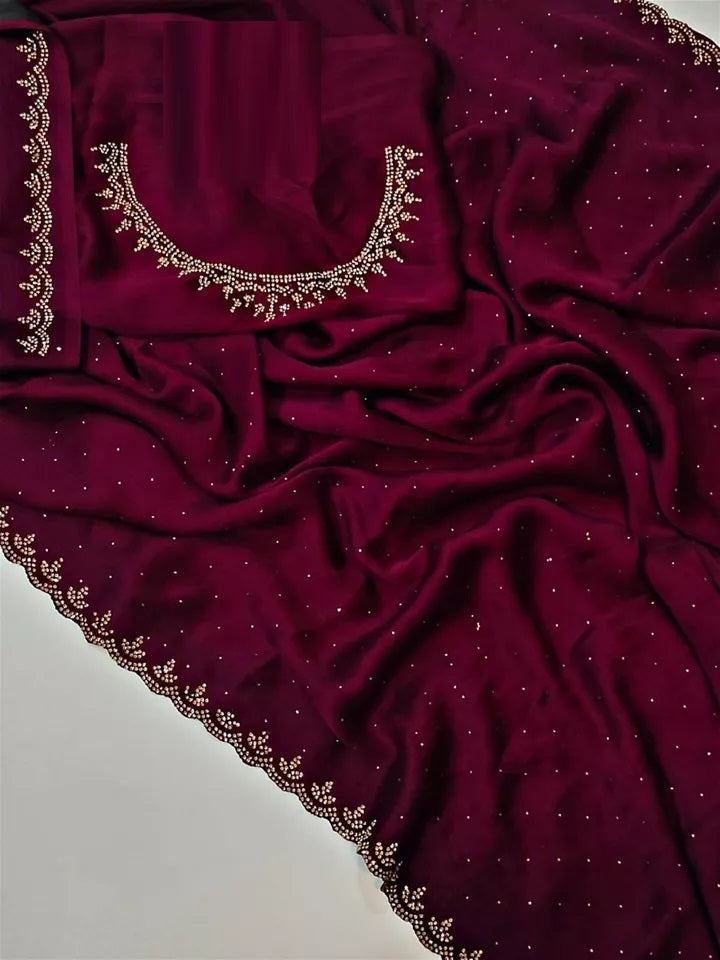 Traditional Wedding Pure Soft Satin Chiffon Saree,Stylish Sari And Blouse