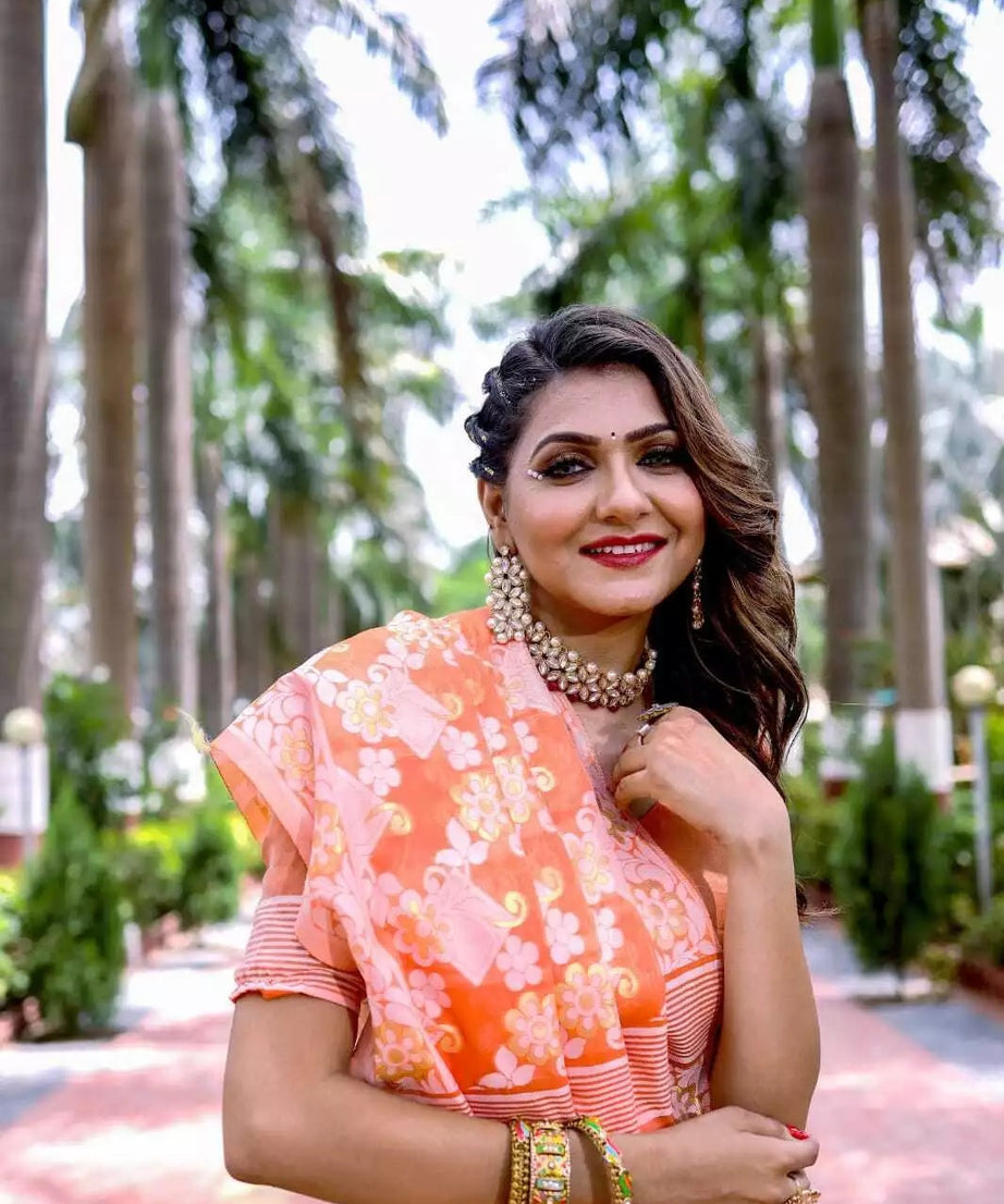 Soft Cotton Jamdani With Gold Zari Weaving Work  Sari & Blouse