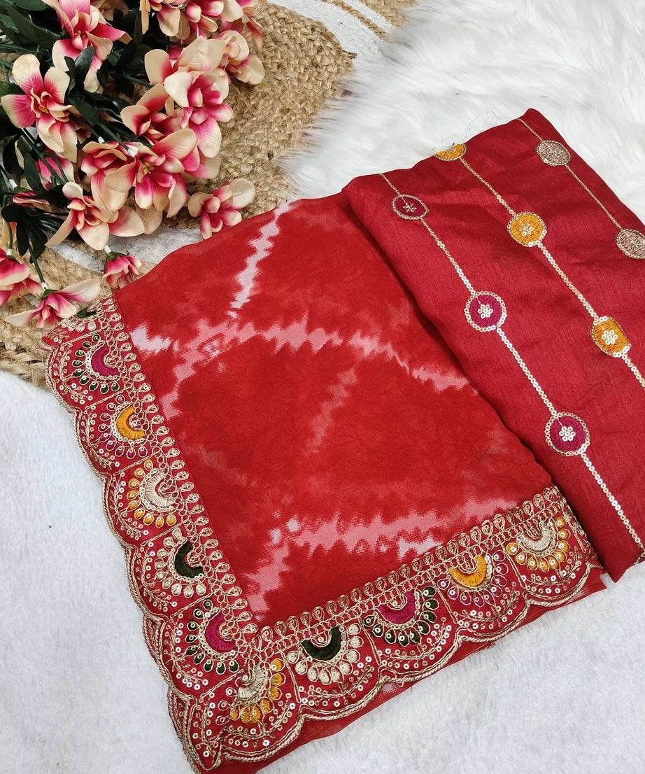 Soft Georgette Sari With Bhandhej Print And Designer Sari & Blouse